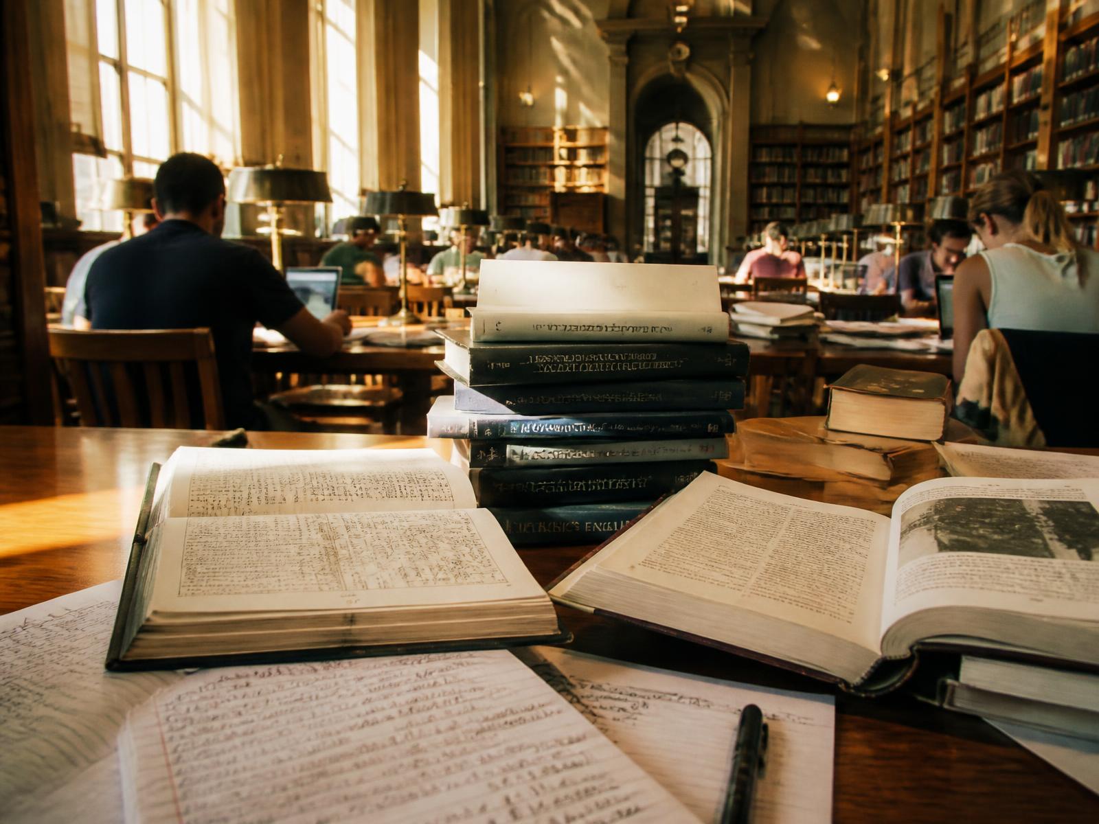 A sunlit university library reading room with open books and journals stacked on a wooden table